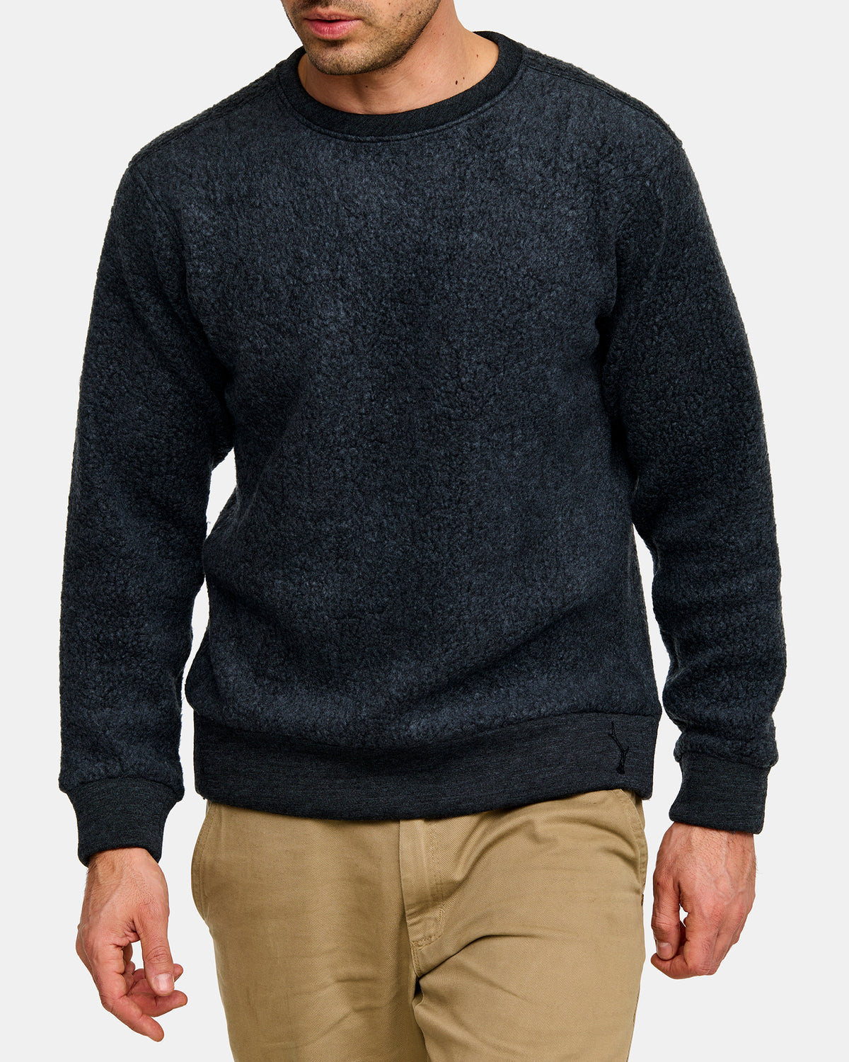 Orrevik merino wool sweater in grey, on model front