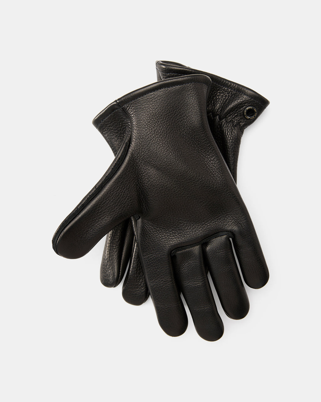 Black leather work gloves with brass eyelets, made in USA