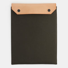 Natural canvas laptop sleeve with leather lid and snap buttons