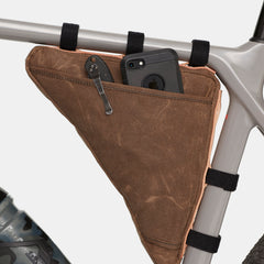 Gravel bike frame bag with exterior pocket and velcro straps